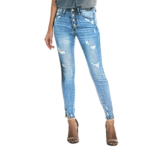 Stretch Jean Damen Dehnbare hoch taillierte Boyfriend-Jeans mit geradem Bein und ausgefransten -Denim-Hosen Cargo Hosen Frau (A, S) von rtdgcv