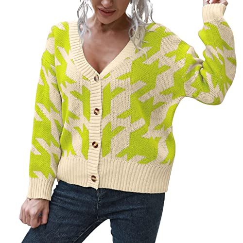 Strick Damen langärmliger Hahnentritt-Strickjacke-Strickjacke-Mantel Roter Strickpullover Damen (Green, L) von rtdgcv