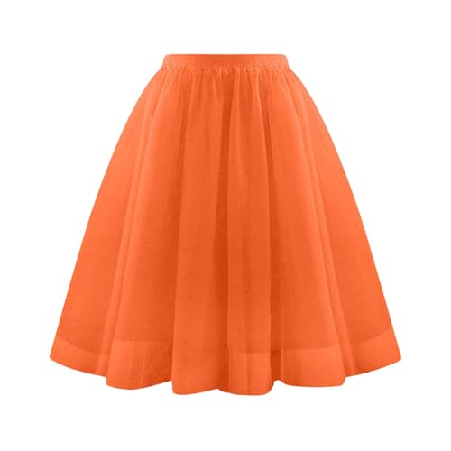 Tüllrock Damen Tutu Rock Midi Petticoat High Waist A Linie Rockabilly Petticoat Mesh Chiffon Faltenrock Karneval Kostüm Tanzrock Unterrock (3-Orange, L) von rtdgcv