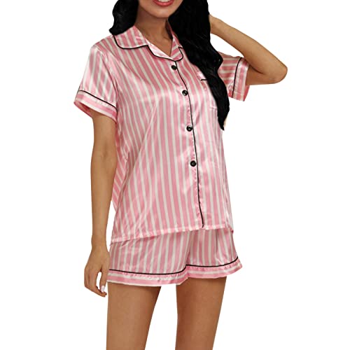 Yoga Outfit Hosenanzug Damen Hochzeit Damen Pyjama Homewear Set Zweiteilige Loungewear Button-Down Anzüge Nachtwäsche Homewear Set Kurzarm Shorts Pyjama Set Trainingskleidung Damen Set (Hot Pink, M) von rtdgcv