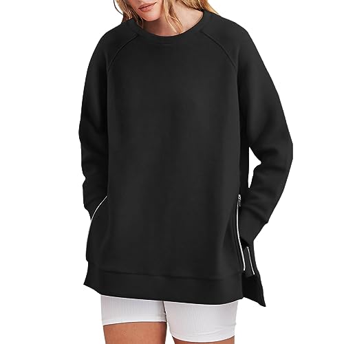 Zipper Hoodie Damen Damen-Sweatshirts, lange Ärmel, lang geschnittene Oberteile, Rundhalsausschnitt, weiche Pullover, Hemden mit seitlichem Reißverschluss, Sweatshirts Zip Hoodie Oversized (Black, L) von rtdgcv