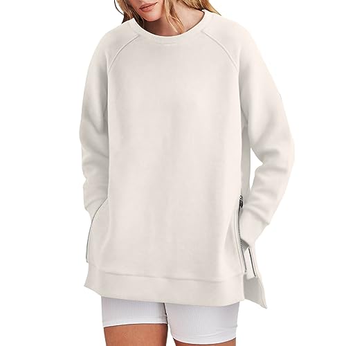 Zipper Hoodie Damen Damen-Sweatshirts, lange Ärmel, lang geschnittene Oberteile, Rundhalsausschnitt, weiche Pullover, Hemden mit seitlichem Reißverschluss, Sweatshirts Zip Hoodie Oversized (Khaki, L) von rtdgcv