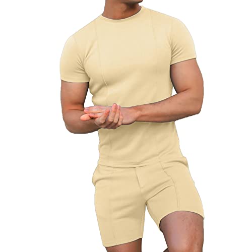 Anzug Männer Solide Shorts für Herren, Kurzarm-Set, T-Shirt, Sport-Set, dünnes Sommer-Zweiteiler-Set für Herren Jogginganzug Herren Winter (Khaki, XXXL) von rtdgcv