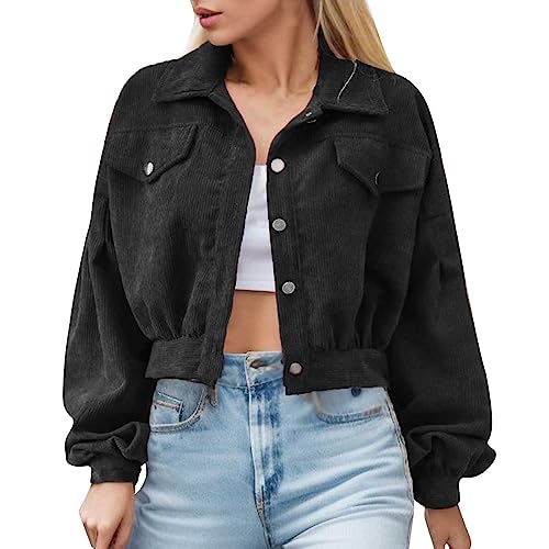 rtdgcv Cordjacke Damen Schwarz Lässige Damen-Cordjacke mit Ärmeln, einreihige Kurze Jacke Kunstleder Mantel Damen Schwarz Jacke Damen Herbst Kurz Damen Strickjacke Lang Mit Knöpfen von rtdgcv