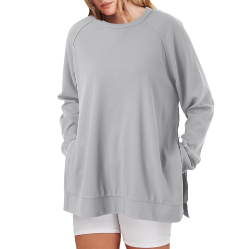 rtdgcv Crewneck Sweatshirt Damen-Sweatshirt mit Rundhalsausschnitt, lockere Passform, übergroßer Pullover mit seitlichen Reißverschlussschlitzen, langärmlige Oberteile für die Herbstmode von rtdgcv