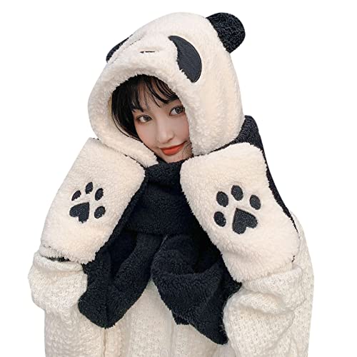 rtdgcv Damen-Fleece-DREI-in-Eins-Kapuzenmütze mit Ohrenklappen, Langer Schal, Handschuhe, Winddicht, Skireit-Set, Winter-Ohrklappen-Hut, Schal, Tasche, Fäustlinge, Set mit Panda-Motiven Mütze von rtdgcv