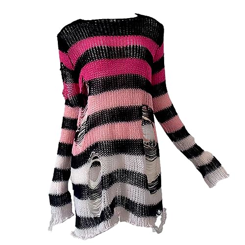 rtdgcv Damen Strickpullover Womens Hoodie Frauen Gebrochenes Loch Mittellange Pullover Streifen Farbverlauf Lose Punk Herbst/Winter Frauen Pullover Strickjacke Wolle Oberteile Elegant von rtdgcv