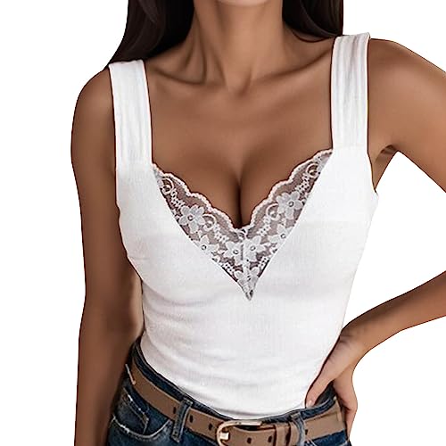 rtdgcv Damen-Weste mit Spitze, V-Ausschnitt, einfarbig, ärmellos, lässig, Tank-Bluse Damen Bauchfrei Skinny Unterhemden Damen Unterhemden Damen Spitze Schwarz von rtdgcv