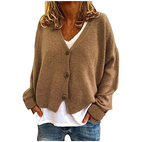 rtdgcv Janker Damen Gestreifter Pullover für Damen, lockerer, farblich passender Pullover mit Knöpfen Dicker Wollpullover (z0928A-Khaki, XXL) von rtdgcv