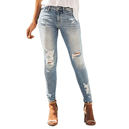 rtdgcv Jeanshosen Damen High Waist Zerrissene Boyfriend-Jeans mit schmaler Passform für Damen, ausgefranste Distressed-Denim-Hose Hose Kariert Damen Blau Jeans Damen Skinny Zerrissene von rtdgcv