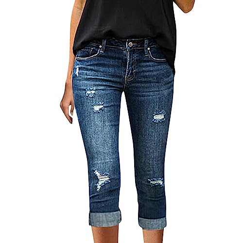 rtdgcv Jeanshosen Damen Hoher Lässige, Schlichte, modische, zerrissene, elastische, abgeschnittene Jeans für Damen Leinen Hose Frau (Blue, M) von rtdgcv