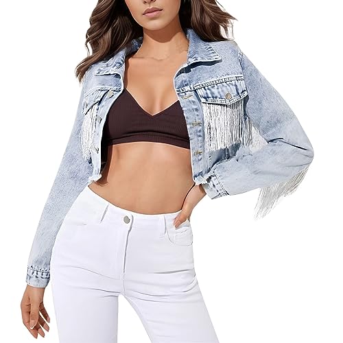 rtdgcv Jeansjacke Damen Kurz Damen Übergangsjacke Jeansjacke Damen Damen Crop Denim Jacke Quaste Lässiger Jeansmantel mit Fransen Jeansjacke Strass Damen Damen Quaste Jacke Jacke Damen Herbst von rtdgcv