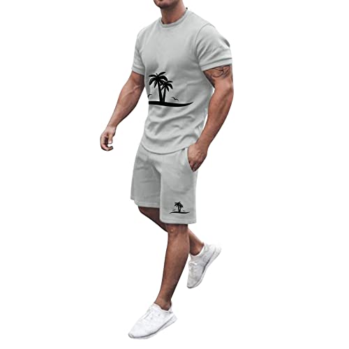 rtdgcv Joggen Herren Set Herren Sommer Outfit Strand Kurzarm bedrucktes Hemd Kurzer Anzug Hemd Hosenanzug mit Taschen Daunenweste Herren (Grey, XXL) von rtdgcv