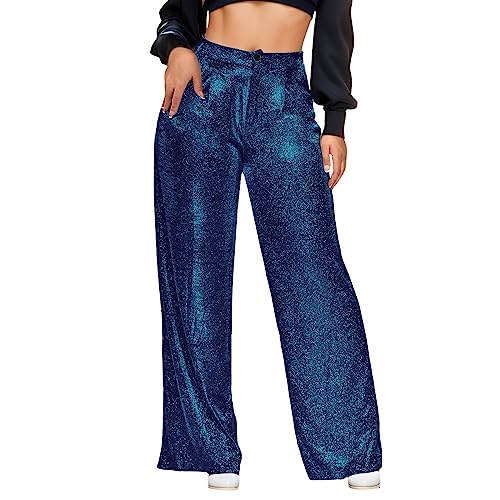 rtdgcv Kostüm Sträfling Damen Hose Pailletten Party Mode Lässig Hohe Taille Frauen Hosen Retro Breite Bein Hosen Frauen Damen Hose Mit Seitentaschen (Blue, M) von rtdgcv