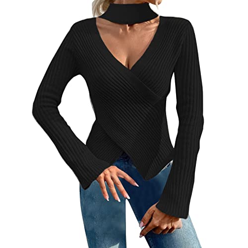 rtdgcv Kragen Pulli Vintage Strickjacke mit Schalkragen für Damen, Gerippter, Button-Down-Strickpullover Kapuzenpullover Damen Pullover Damen Mit Wickeloptik (Black, S) von rtdgcv