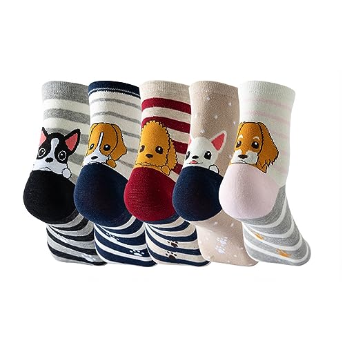 rtdgcv Kuschelsocken Damen 39-42 Damen-Winter-Cartoon-Streifen-Hund-Mid-Tube-Baumwollsocken im 5-Paar-Set Diabetiker Socken Damen Ringelsocken Damen (Pink, One Size) von rtdgcv