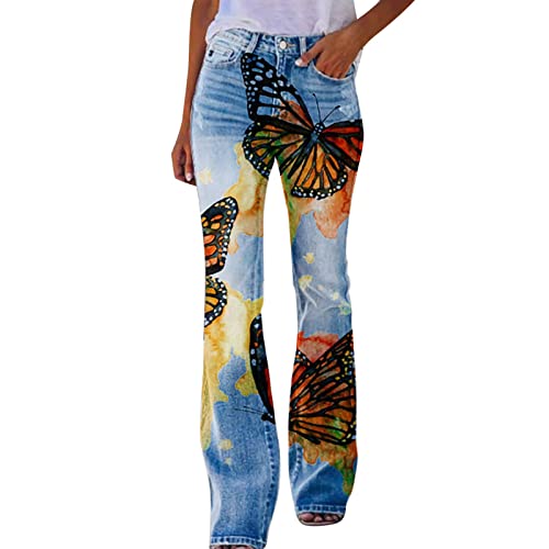 rtdgcv Mountainbike Hose Damen Schwarz Damen Bootcut Distressed Flared Denim Print Freizeithose Flower Print Faux Denim Jeans Hose Damen Sommer Stoff (H, XXL) von rtdgcv