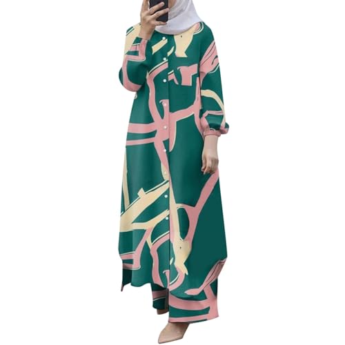 rtdgcv Muslimische 2-teilige Sets für Damen, Langarm-Button-Down-Hemd Hose, Abaya, Freizeitkleid, Dubai-Outfits Muslimische Kleidung Freizeitkleider Mit Allover-Print Lockeres Kleid Mit Langen von rtdgcv