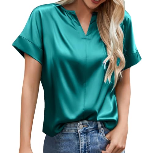 rtdgcv Satin Bluse Damen Elegant Kurzarm Basic Tunika Einfarbig V-Ausschnitt Oberteile Sommer Tops T Shirt Hemden Damen Blusen Kurzarm Sommer Bluse Damen Elegant Kurzarm (Sky Blue, L) von rtdgcv