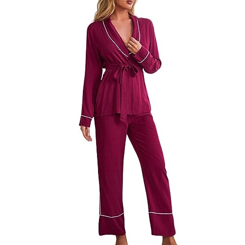 rtdgcv Schlafanzug Damen Lang Baumwolle Damen-Pyjama-Nachtwäsche-Set, Herbst-Winter, rot, einfarbig, langärmelig, Strickjacke, Robe, kann getragen Werden Damen Hausanzüge von rtdgcv