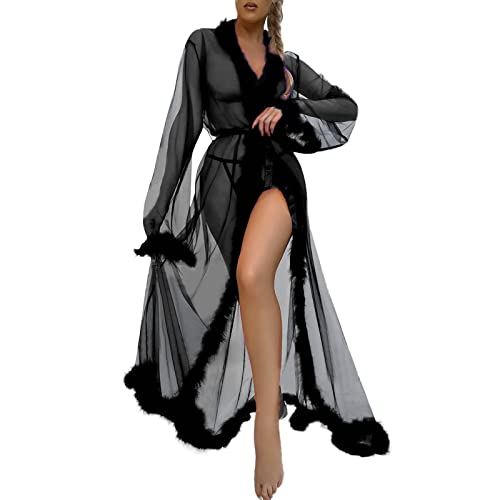 rtdgcv Sexy Einteiler Dessous Sexy Tüll Robe Lange Dessous Nachthemd Bademantel Nachtwäsche Feder Braut Robe Dessous Body Schwarz Damen Spitze (Black, L) von rtdgcv