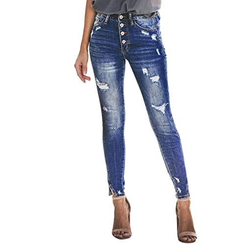 rtdgcv Stretch Jean Damen Dehnbare hoch taillierte Boyfriend-Jeans mit geradem Bein und ausgefransten -Denim-Hosen Cargo Hosen Frau (B, XXL) von rtdgcv