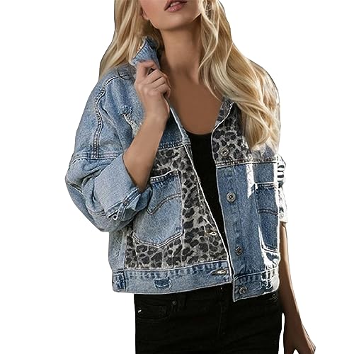 rtdgcv Vintage Leopard Denim Jacke Damen-Patchwork-Jeansjacke mit Leopardenmuster und langen Ärmeln Graue Jeansjacke Damen Mit Fell Patchwork-Leopardenmuster Boyfriend-Jacke, von rtdgcv