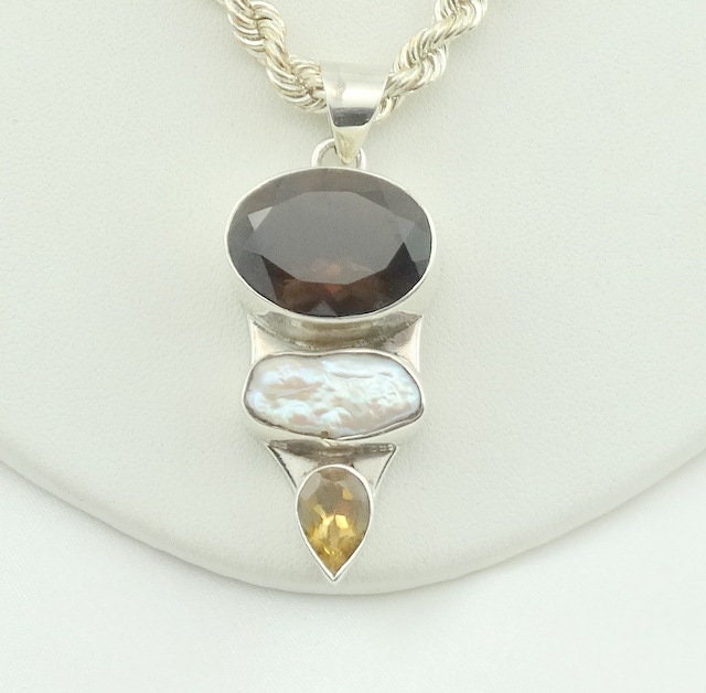 Atemberaubende Vintage Sterling Silber Rauchigen Quarz, Perle Und Citrin Anhänger Kostenloser Versand Ungewöhnliche 18" Graduierte Kette von rubysvintagejewelry