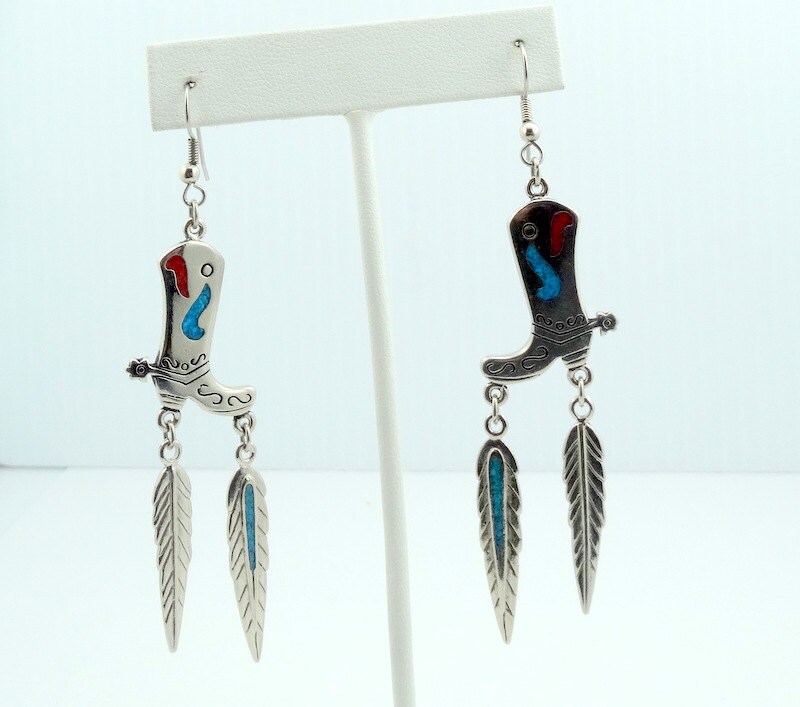 Diese Stiefel Sind Gemacht Für Walk'n Baby Sterling Silber Türkis Und Koralle Inlay Ohrringe Kostenloser Versand #boots-Erg7 von rubysvintagejewelry