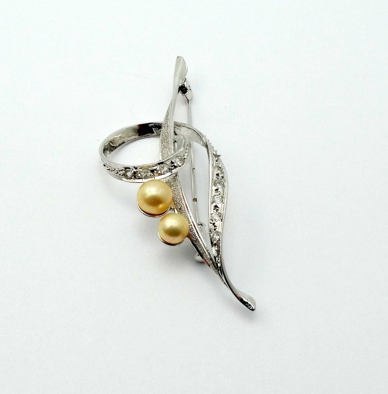 Elegante Vintage Sterling Silber Goldene Perle Und Strass Brosche Kostenloser Versand #pearls-Pn1 von rubysvintagejewelry