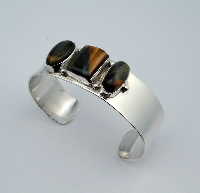 Erhebliche Große Schöne Blaue Und Gelbe Tigerauge Sterling Silber Manschette Armband Kostenloser Versand #tigere-Cf1 von rubysvintagejewelry