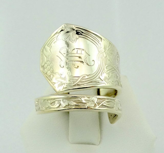 Gravierte Cursive Initiale "B" Echt Vintage Handarbeit Sterling Silber Größenverstellbar Löffel Ring Größe 10 3/4 Versandkostenfrei #cursvb-Sr17 von rubysvintagejewelry