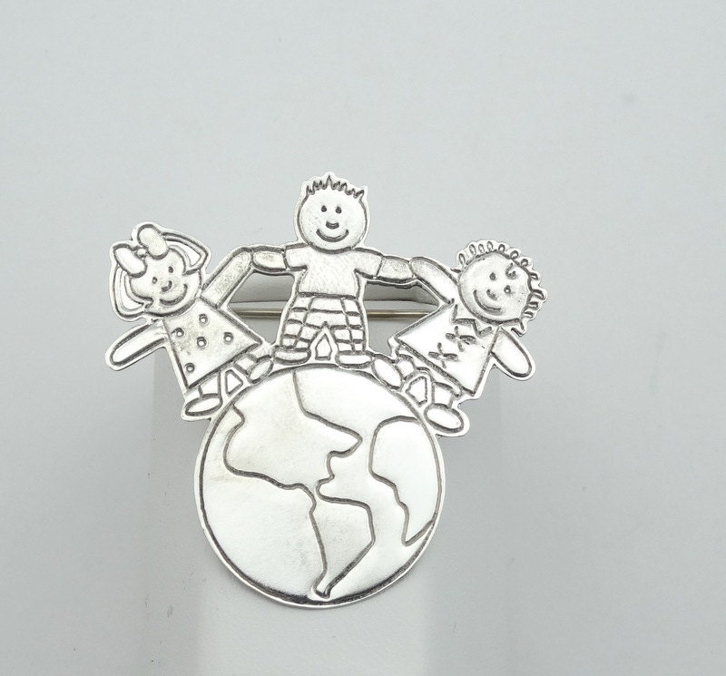 Kinder "Hände Über Die Welt" Sterling Silber Brosche/Pin Kostenloser Versand #world-Pn2 von rubysvintagejewelry