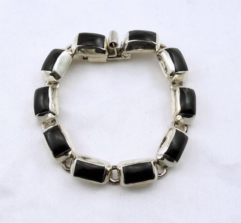 Kontrastierende Schwarze Onyx Und Sterling Silber Link Armband Mit Spaten Verschluss Kostenloser Versand #onyx-lb3 von rubysvintagejewelry