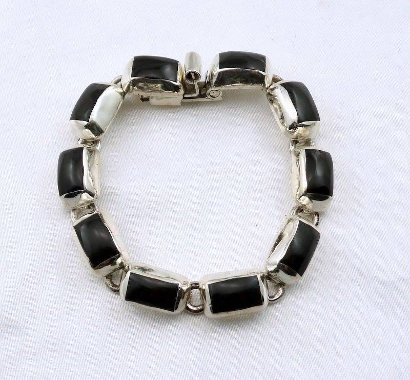 Kontrastierende Schwarze Onyx Und Sterling Silber Link Armband Mit Spaten Verschluss Kostenloser Versand #onyx-lb3 von rubysvintagejewelry