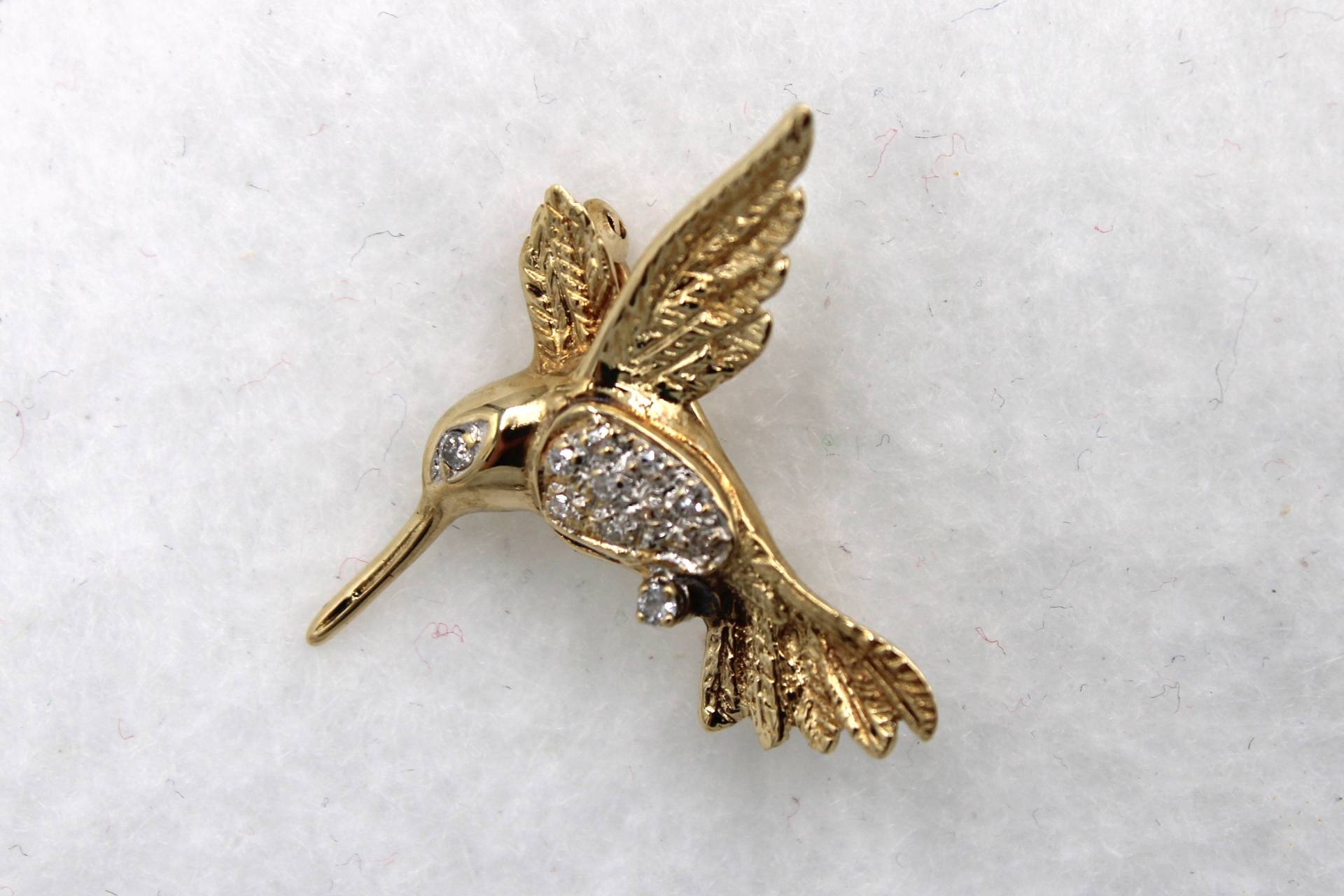 Schillernde 14K Gelb Gold Kolibri Brosche Mit Feinen Diamanten Kostenloser Versand #hum11-Br11 von rubysvintagejewelry