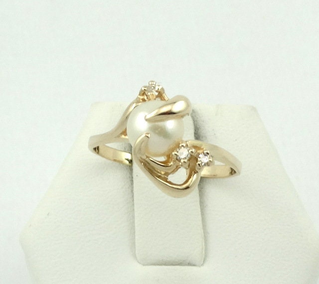 Schillernder Diamant Und Perle 14K Gelbgold Ring Größe 8 Versandkostenfrei #prldmd14K-Sr von rubysvintagejewelry