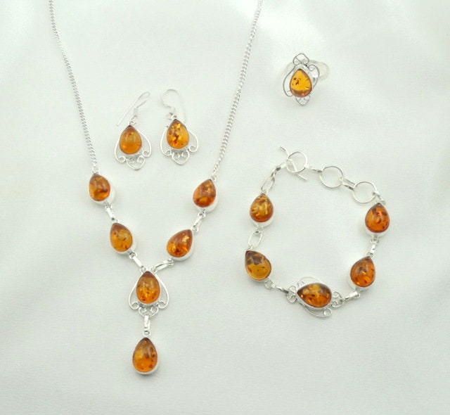 Schöne Bernstein Und Sterling Silber Halskette, Armband, Ring Ohrring Set Kostenloser Versand #amber-Set2 von rubysvintagejewelry