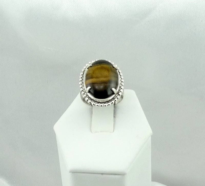Schöne Dekorative Vintage Sterling Silber Gelb Tigerauge Cabochon Ring Größe 6 1/4 Kostenloser Versand #tiger-Sr4 von rubysvintagejewelry