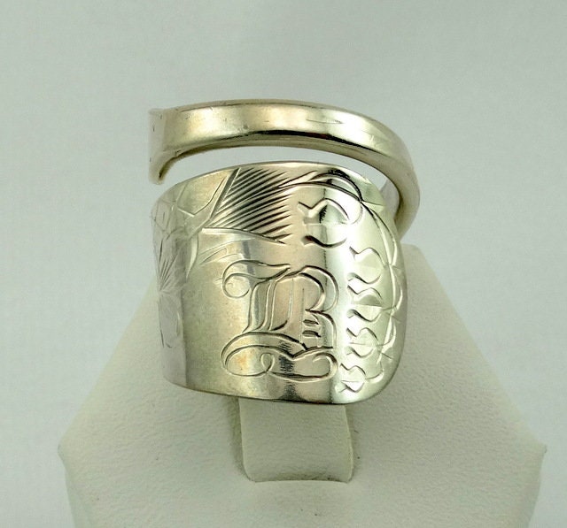 Unikat Vintage Gravur Initiale "B" Floral Echt Handgefertigt Sterling Silber Löffel Ring Größenverstellbar 8 1/2 Versandkostenfrei #eight5B-Sr16 von rubysvintagejewelry