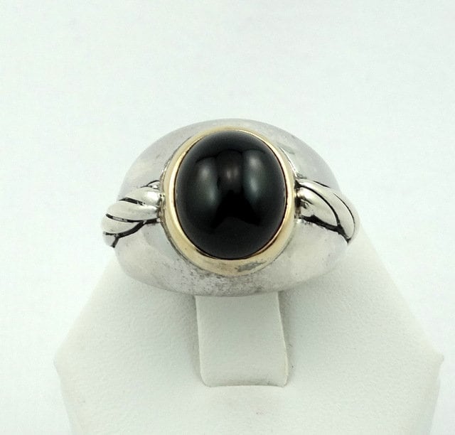 Vintage 14K Gelbgold Und Sterling Silber Ring Mit Onyx Größe 9 1/4 #14Konyx-Sr1 von rubysvintagejewelry