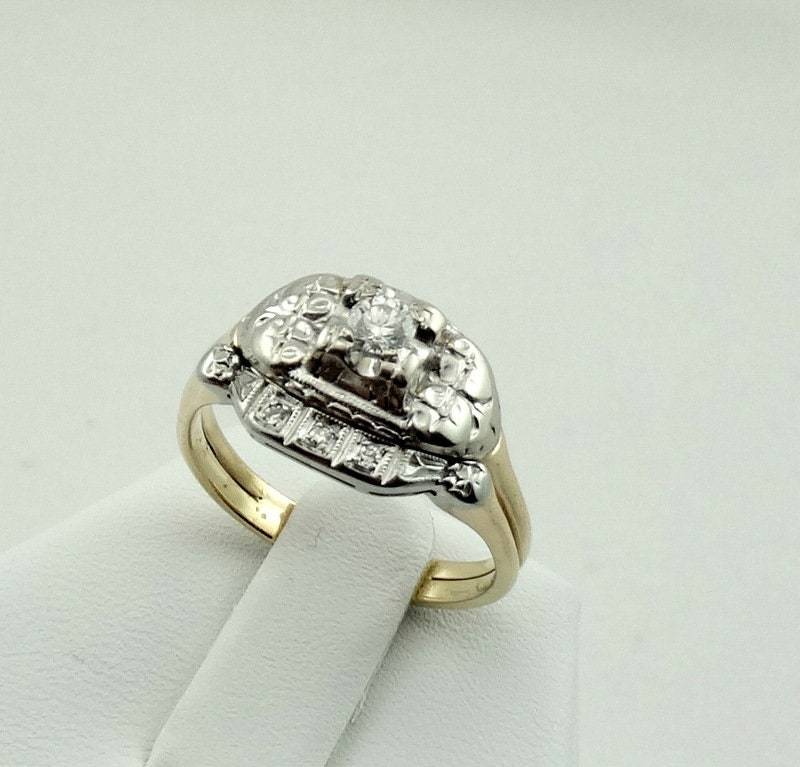 Vintage 1940Er Diamant 14K Weiß Und Gelbgold Verlobungsset Größe 7 3/4 Versandkostenfrei #1940-Ws von rubysvintagejewelry