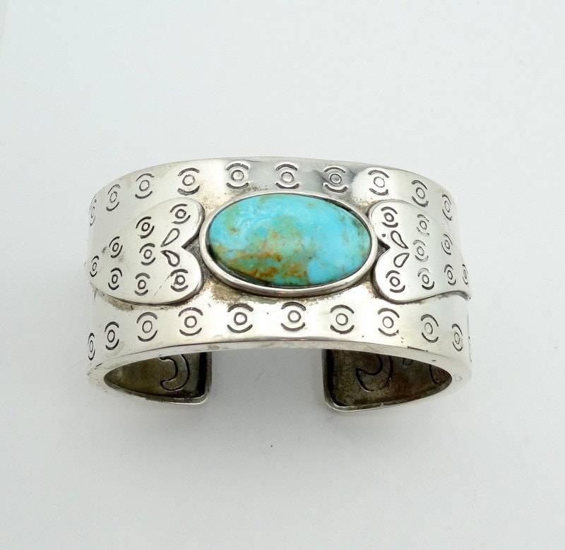 Vintage Detaillierte Sterling Silber Mit Ozean Blau Türkis Und Herzen Solide Manschette Armband. Kostenloser Versand Sammelbarer #hearts-Cf2 von rubysvintagejewelry