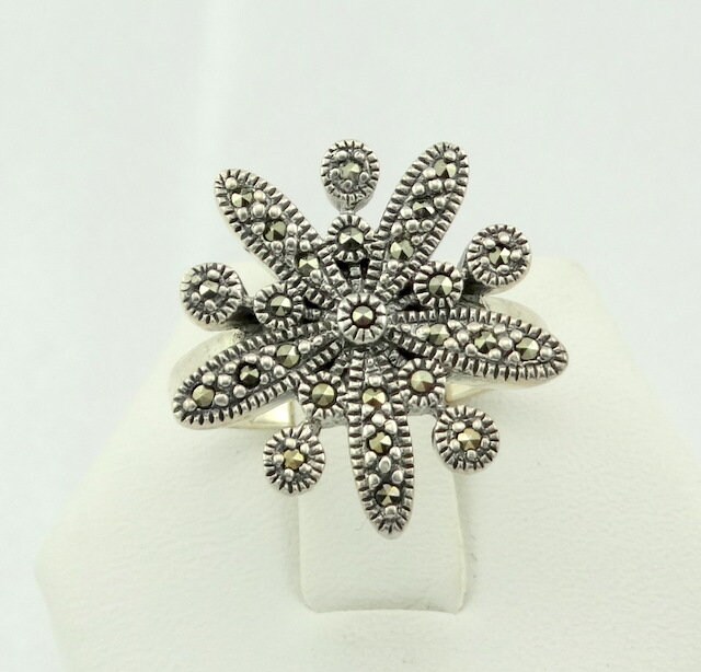 Schöner Vintage Markasit Sterling Silber Blumen Ring Gr. 7 #mrc7-Sr5 von rubysvintagejewelry