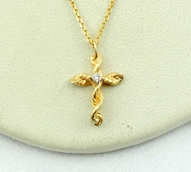 Zarter Diamant 14K Gelbgold Kreuz Anhänger Kostenloser Versand Enthält 18" Kette #14Kdiacross-xp3 von rubysvintagejewelry