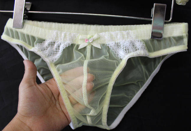 "Erwachsener Sissy " Gelb Transparenter Nylon Chiffon Slip Mit Doppelter Verschlusstasche Für Männer." von ruffles4you