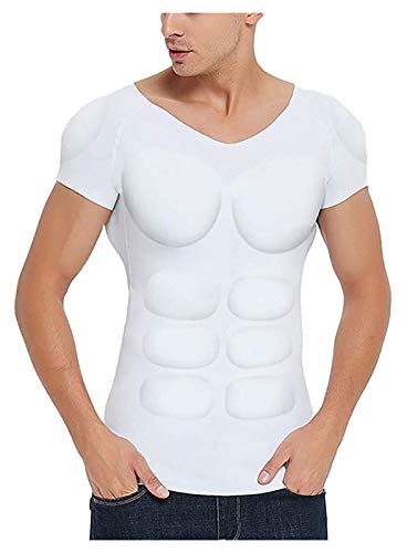 Gepolstertes Muskelhemd für Männer Herren Fake Abdominal Muscles Shirt Abnehmbare Muskelkissen Atmungsaktive Mast T-Shirt Unterwäsche (Color : White, Size : M) von ruguo