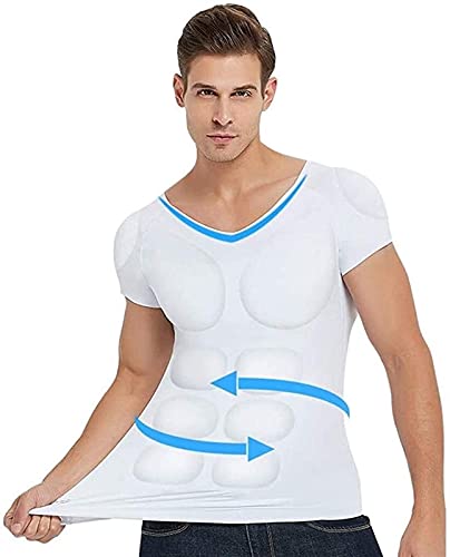 Herren Low Collar False Muscle Unterhemd Männer Weste Abnehmen Herren Chest Shaper Abnehmen T-Shirt Simulation Fake Brust Muskeln T-Shirt Cosplay Muscle Costume (Color : White, Size : L) von ruguo