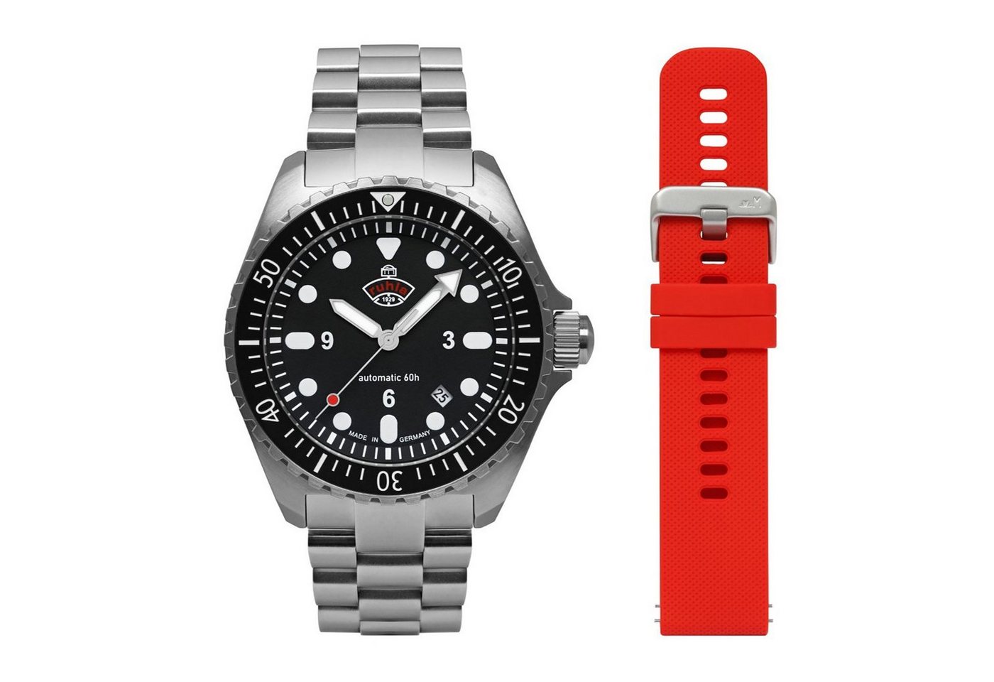 ruhla Automatikuhr NVA Kommando Minen-Taucheruhr – 43 mm, Set mit 2 Armbändern, 4960M2-SET, Made in Germany - 20 ATM ruhla Automatikuhr NVA Kommando Minen-Taucheruhr – 43 mm, Set mit 2 Armbändern, 4960M2-SET, Made in Germany - 20 ATM von ruhla
