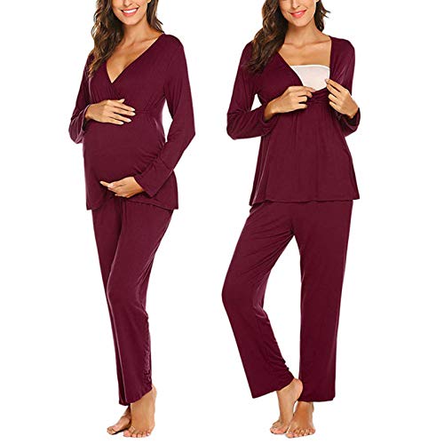 ruirui-home Damen Stillpyjama-Set, modisch, einfarbig, Nähte, multifunktional, Baumwolle, Stillen, langärmelig, Oberteil und Hose, Nachtwäsche, für Krankenhaus Gr. 36, rot von ruirui-home